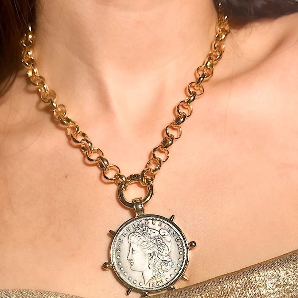 Liberty Coin Statement Necklace Large Chunky Clavicle Choker Two Tone
